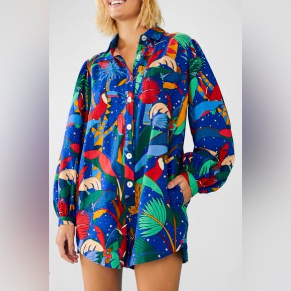 FARM Rio Pants - NWT FARM Rio Blue Tropical Print Jumpsuit Romper SIZE SMALL WOMEN